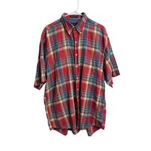 Gant Mens XL Royal Oxford Plaid Short Sleeve Button Down Shirt Red Yellow Blue